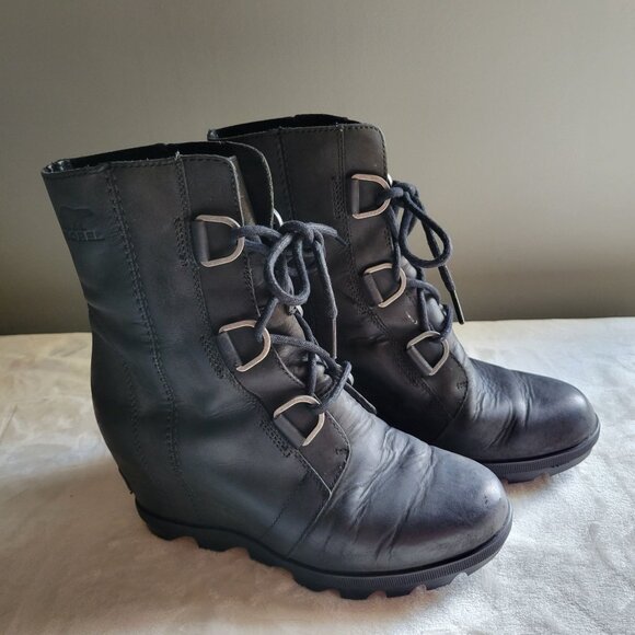 Sorel Joan Of Arctic Wedge II Black Waterproof Leather Lace-Up Boots Women SZ 7 - Picture 5 of 11